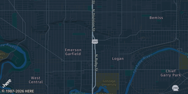 Map of Spokane, WA. The exact address of The General Store is not known, so the map shows the area rather than a specific building.
