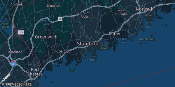 Map of Stamford, CT. The exact address of Former Barnes & Nobles @ The Stamford Town Center (Mall) is not known, so the map shows the area rather than a specific building.