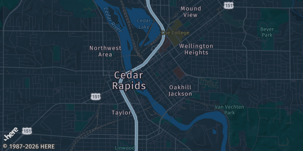 Map of Cedar Rapids, IA. The exact address of Local 238 Teamsters Union Hall is not known, so the map shows the area rather than a specific building.