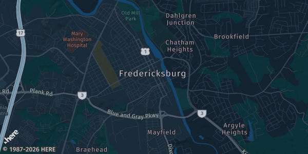 Map of Fredericksburg, VA. The exact address of Fredericksburg Fairgrounds is not known, so the map shows the area rather than a specific building.