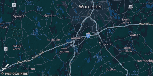 Map of Auburn, MA. The exact address of Auburn-Webster Lodge Elks is not known, so the map shows the area rather than a specific building.
