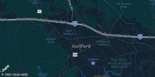 Map of Guilford, CT. The exact address of East Creek Landing Banquet Facility is not known, so the map shows the area rather than a specific building.
