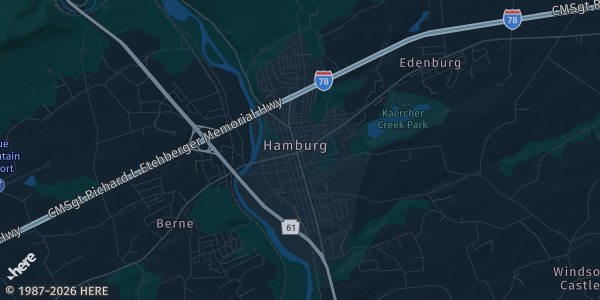 Map of Hamburg, PA. The exact address of The Wherehouse Venue is not known, so the map shows the area rather than a specific building.