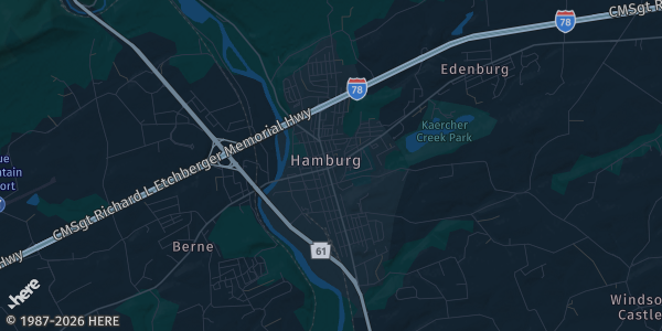 Map of Hamburg, PA. The exact address of The Wherehouse Venue is not known, so the map shows the area rather than a specific building.