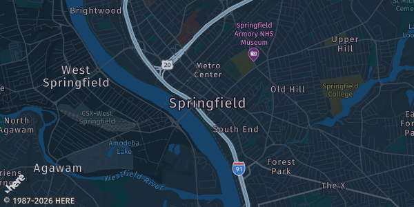 Map of Springfield, MA. The exact address of Springfield is not known, so the map shows the area rather than a specific building.