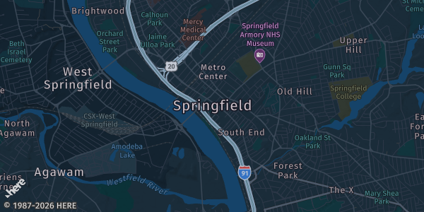 Map of Springfield, MA. The exact address of Springfield is not known, so the map shows the area rather than a specific building.