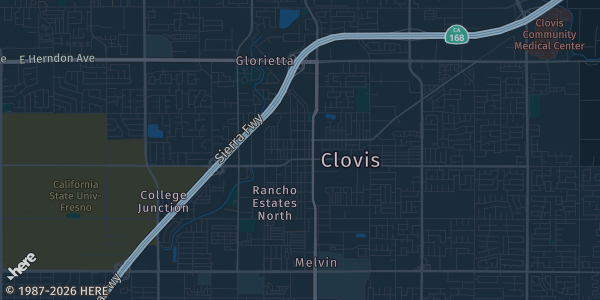 Map of Clovis, CA. The exact address of Clovis Veterans Memorial Center is not known, so the map shows the area rather than a specific building.
