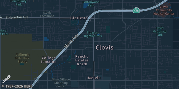 Map of Clovis, CA. The exact address of Clovis Veterans Memorial Center is not known, so the map shows the area rather than a specific building.