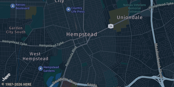 Map of Hempstead, NY. The exact address of Hofstra University (David S Mack Center) is not known, so the map shows the area rather than a specific building.