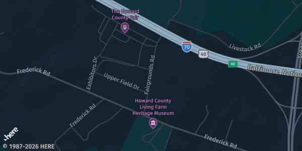 Map showing Howard County Fairgrounds in West Friendship, MD.