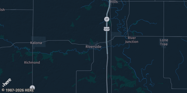 Map of Riverside, IA. The exact address of this venue is not known, so the map shows the area rather than a specific building.