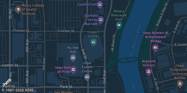 Map showing Casey's Center in Des Moines, IA.