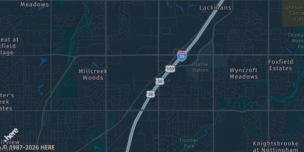 Map of Olathe, KS. The exact address of The Johnson County Card Show: Halloween Bash is not known, so the map shows the area rather than a specific building.