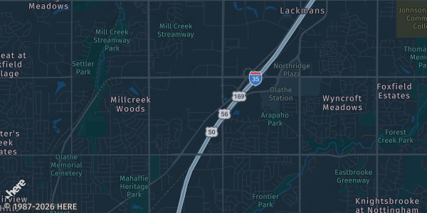 Map of Olathe, KS. The exact address of The Johnson County Card Show: Halloween Bash is not known, so the map shows the area rather than a specific building.