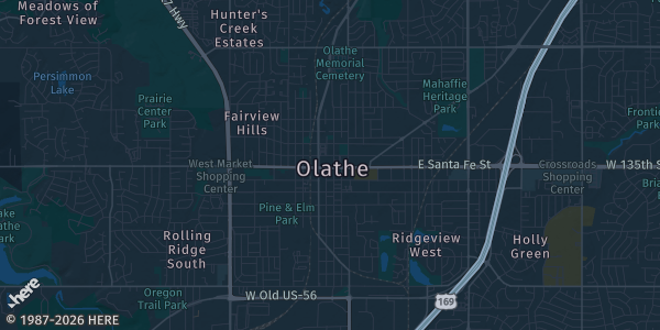 Map of Olathe, KS. The exact address of Homefield Olathe Training Center is not known, so the map shows the area rather than a specific building.