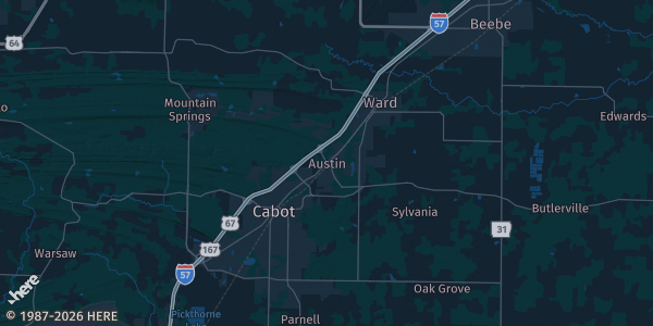 Map of Austin, AR. The exact address of Game Time at the Grounds is not known, so the map shows the area rather than a specific building.