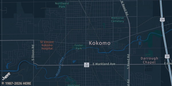 Map of Kokomo, IN. The exact address of Kokomo Shrine Club is not known, so the map shows the area rather than a specific building.