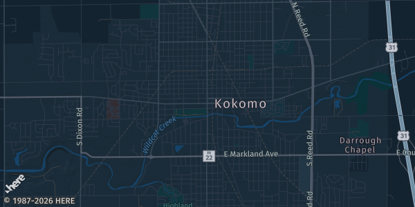 Map of Kokomo, IN. The exact address of Kokomo Shrine Club is not known, so the map shows the area rather than a specific building.