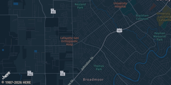 Map of Lafayette, LA. The exact address of Evangeline Shrine Club is not known, so the map shows the area rather than a specific building.