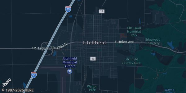 Map of Litchfield, IL. The exact address of Litchfield Moose Lodge is not known, so the map shows the area rather than a specific building.