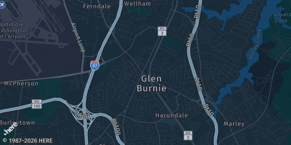 Map of Glen Burnie, MD. The exact address of Marley Station Mall is not known, so the map shows the area rather than a specific building.