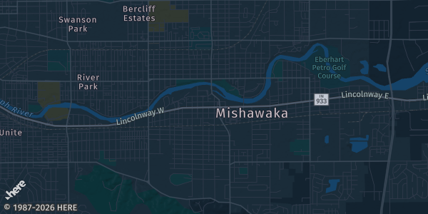 Map of Mishawaka, IN. The exact address of Mishawaka Holiday Inn - Conference Center is not known, so the map shows the area rather than a specific building.