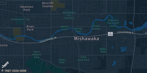 Map of Mishawaka, IN. The exact address of Mishawaka Holiday Inn - Conference Center is not known, so the map shows the area rather than a specific building.