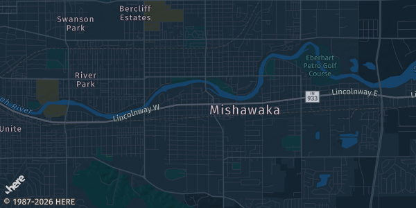 Map of Mishawaka, IN. The exact address of Mishawaka Holiday Inn - Conference Center is not known, so the map shows the area rather than a specific building.