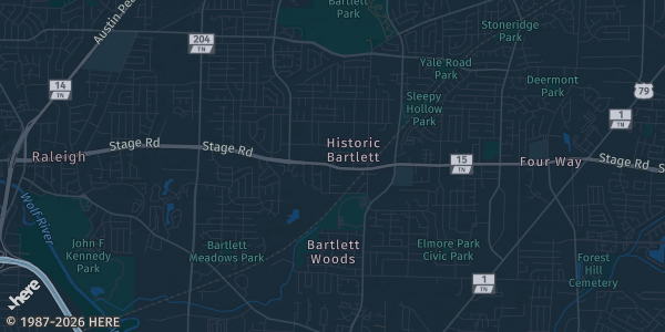 Map of Bartlett, TN. The exact address of The Venue at Bartlett Station is not known, so the map shows the area rather than a specific building.