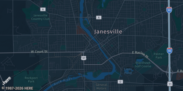 Map of Janesville, WI. The exact address of The Midwest Paracon is not known, so the map shows the area rather than a specific building.