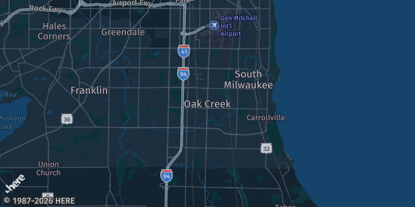 Map of Oak Creek, WI. The exact address of The Milwaukee Yard Sports Comples is not known, so the map shows the area rather than a specific building.