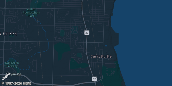 Map of Oak Creek, WI. The exact address of The Milwaukee Yard is not known, so the map shows the area rather than a specific building.