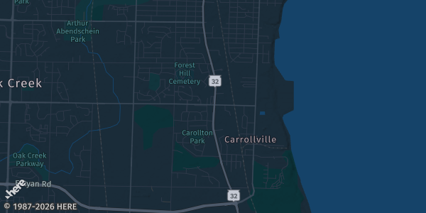Map of Oak Creek, WI. The exact address of The Milwaukee Yard is not known, so the map shows the area rather than a specific building.