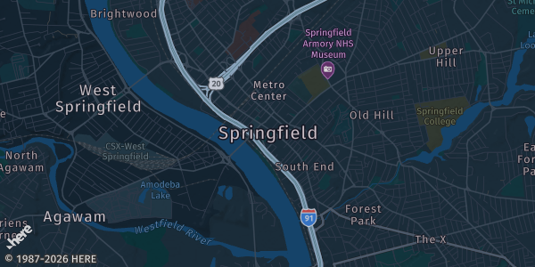 Map of Springfield, MA. The exact address of Mass Mutual Center is not known, so the map shows the area rather than a specific building.