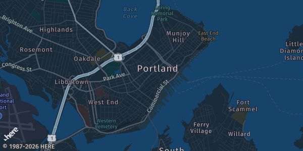 Map of Portland, ME. The exact address of Portland Exposition Building is not known, so the map shows the area rather than a specific building.