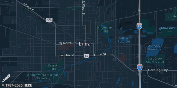 Map of Lima, OH. The exact address of Yes Automotive Showroom is not known, so the map shows the area rather than a specific building.