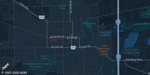 Map of Lima, OH. The exact address of Yes Automotive Showroom is not known, so the map shows the area rather than a specific building.