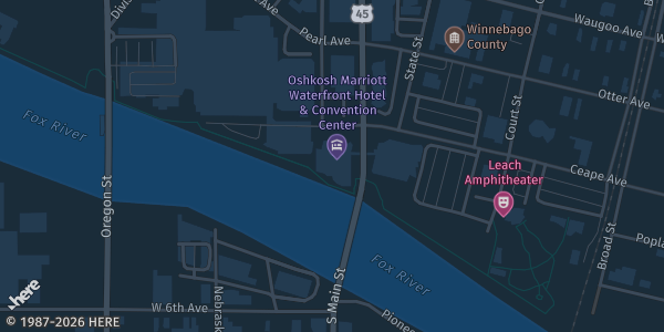 Map showing Oshkosh Convention Center in Oshkosh, WI.