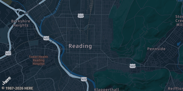 Map of Reading, PA. The exact address of Redners Event Center is not known, so the map shows the area rather than a specific building.