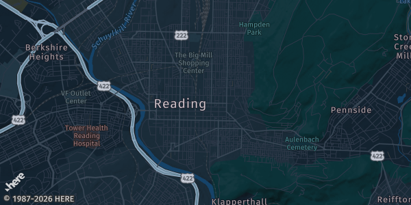 Map of Reading, PA. The exact address of Redners Event Center is not known, so the map shows the area rather than a specific building.