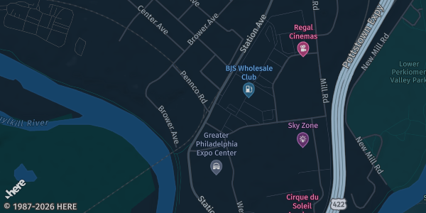 Map showing Greater Philadelphia Expo Center in Oaks, PA.