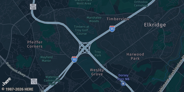 Map of Elkridge, MD. The exact address of The Pokémon Trading Post Card Show is not known, so the map shows the area rather than a specific building.