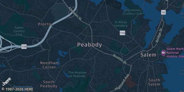 Map of Peabody, MA. The exact address of Knights of Columbus is not known, so the map shows the area rather than a specific building.