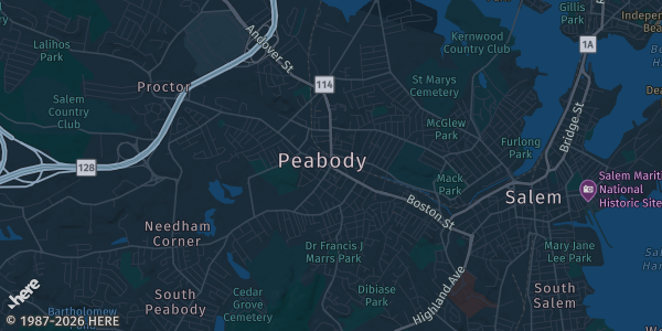 Map of Peabody, MA. The exact address of Knights of Columbus is not known, so the map shows the area rather than a specific building.