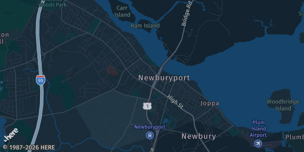 Map of Newburyport, MA. The exact address of Masonic Center is not known, so the map shows the area rather than a specific building.