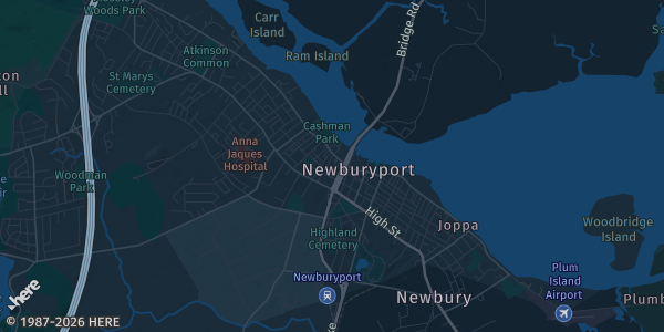 Map of Newburyport, MA. The exact address of Masonic Center is not known, so the map shows the area rather than a specific building.