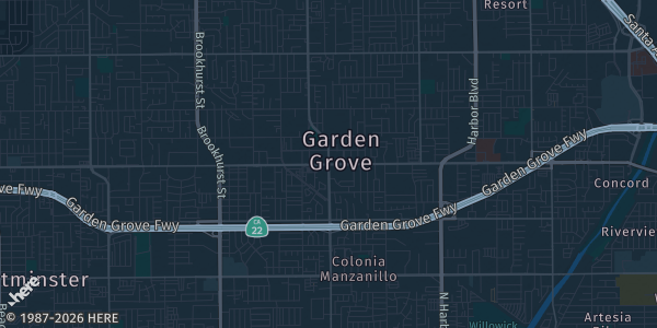 Map of Garden grove, CA. The exact address of Delta Hotels Marriott Anaheim is not known, so the map shows the area rather than a specific building.