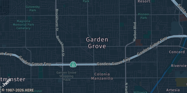 Map of Garden grove, CA. The exact address of Delta Hotels Marriott Anaheim is not known, so the map shows the area rather than a specific building.