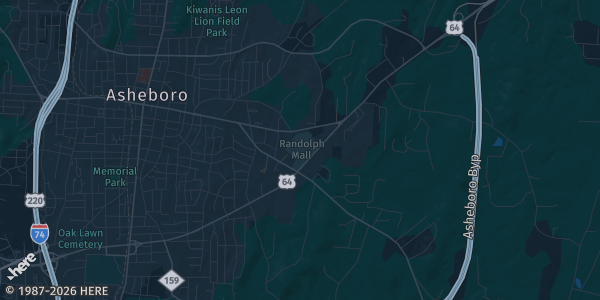 Map of Asheboro, NC. The exact address of Asheboro Mall is not known, so the map shows the area rather than a specific building.