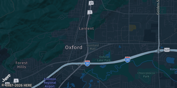 Map of Oxford, AL. The exact address of Quintard Mall is not known, so the map shows the area rather than a specific building.